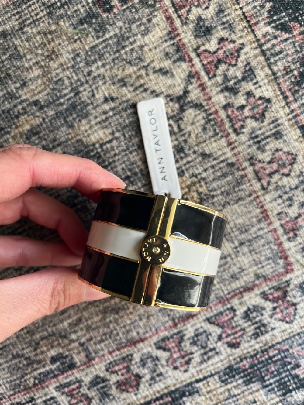 Ann Taylor Black and White Enamel Gold-Trim Cuff Bracelet